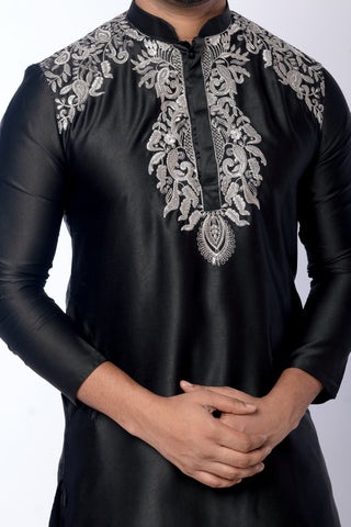 Black Giza Cotton Embroidered Kurta with Pyjama