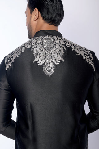Black Giza Cotton Embroidered Kurta with Pyjama