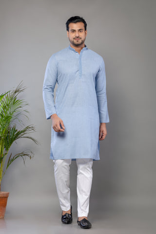 Sky Blue Self Work Cotton Kurta for Men