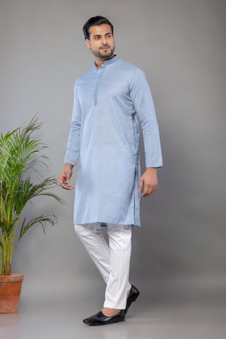 Sky Blue Self Work Cotton Kurta for Men