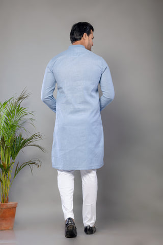 Sky Blue Self Work Cotton Kurta for Men