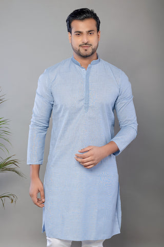 Sky Blue Self Work Cotton Kurta for Men