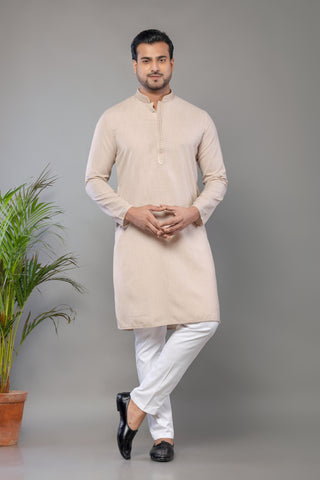 Men's Cream Cotton Self Work Kurta