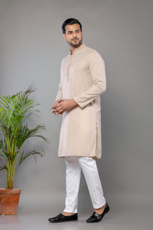 Men's Cream Cotton Self Work Kurta
