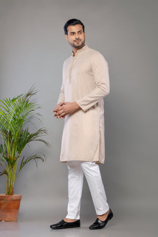 Men's Cream Cotton Self Work Kurta