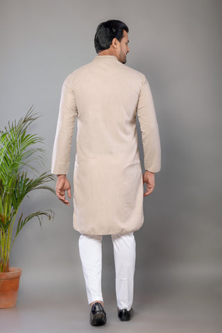 Men's Cream Cotton Self Work Kurta