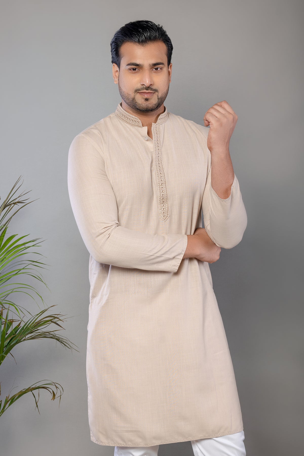 Men's Cream Cotton Self Work Kurta