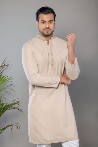 Men's Cream Cotton Self Work Kurta