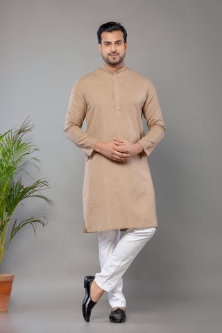 Men's Beige Cotton Plain Kurta