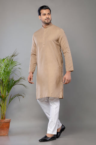 Men's Beige Cotton Plain Kurta