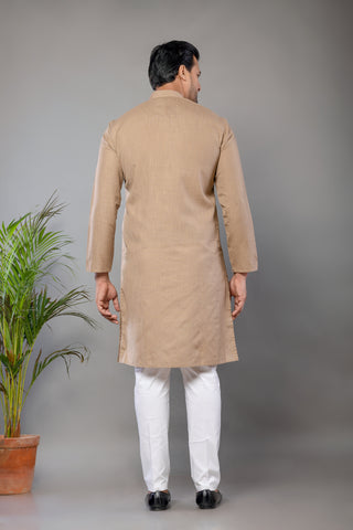Men's Beige Cotton Plain Kurta