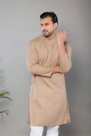 Men's Beige Cotton Plain Kurta