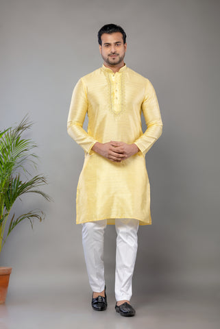 Yellow Fancy Cotton Self Work Kurta