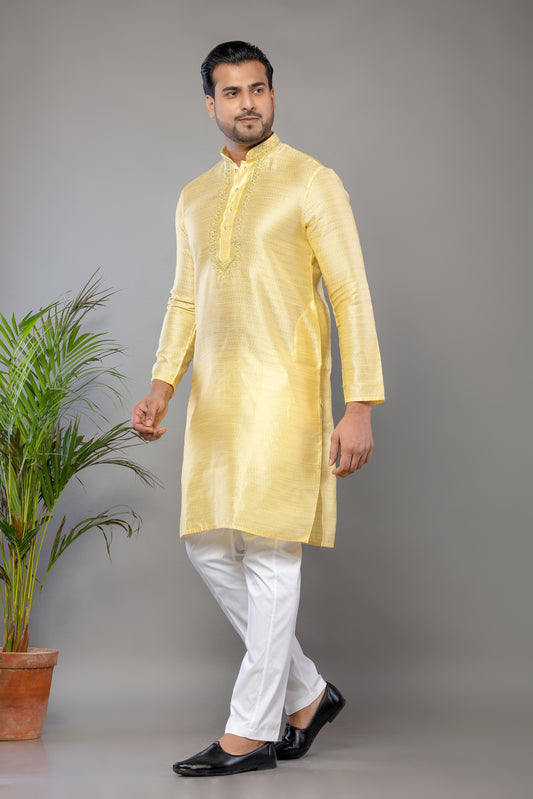 Yellow Fancy Cotton Self Work Kurta