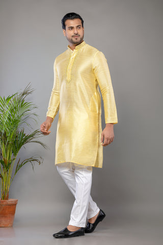 Yellow Fancy Cotton Self Work Kurta