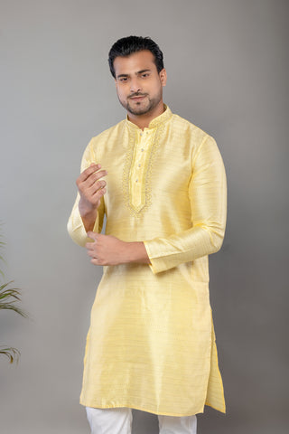 Yellow Fancy Cotton Self Work Kurta