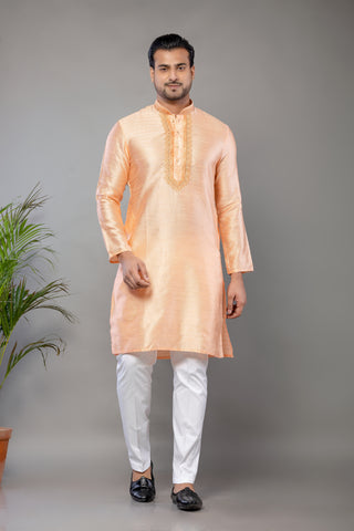 Peach Fancy Cotton Self Work Kurta