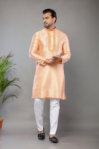 Peach Fancy Cotton Self Work Kurta