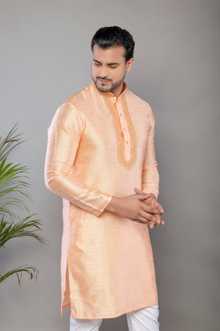Peach Fancy Cotton Self Work Kurta