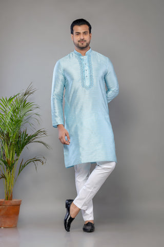 Sky Blue Fancy Cotton Self Work Kurta