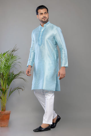 Sky Blue Fancy Cotton Self Work Kurta