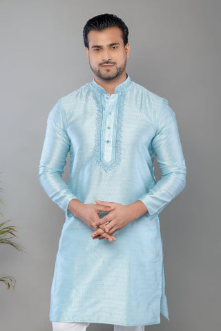 Sky Blue Fancy Cotton Self Work Kurta