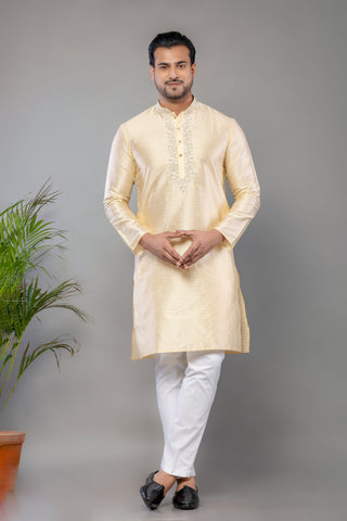 Light Yellow Fancy Cotton Self Work Kurta
