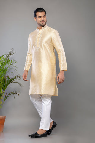 Light Yellow Fancy Cotton Self Work Kurta