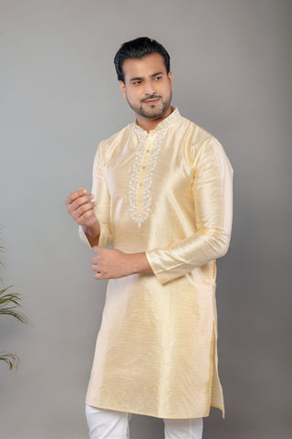 Light Yellow Fancy Cotton Self Work Kurta