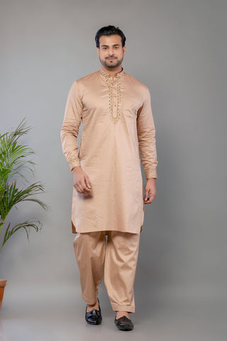 Brown Giza Cotton Mirror Work Kurta Set