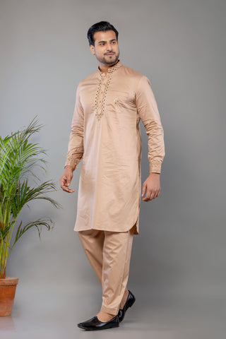 Brown Giza Cotton Mirror Work Kurta Set