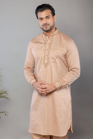Brown Giza Cotton Mirror Work Kurta Set