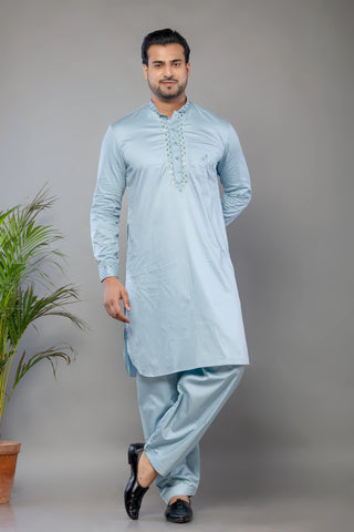 Sky Blue Giza Cotton Mirror Work Kurta Set