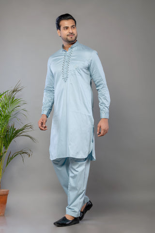 Sky Blue Giza Cotton Mirror Work Kurta Set