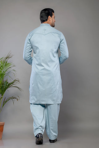 Sky Blue Giza Cotton Mirror Work Kurta Set