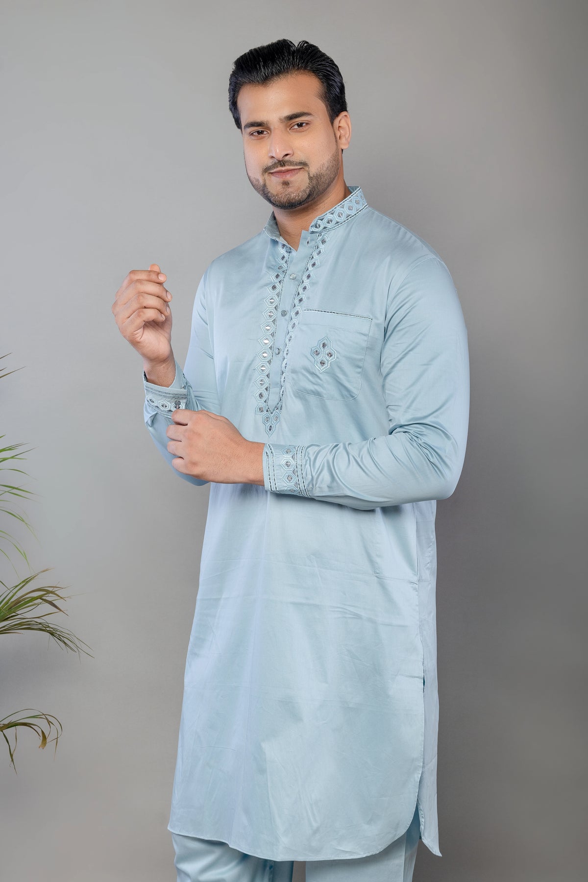 Sky Blue Giza Cotton Mirror Work Kurta Set