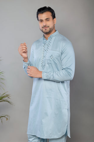 Sky Blue Giza Cotton Mirror Work Kurta Set