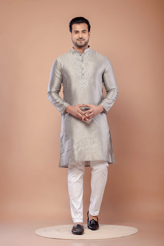 Gray Fancy Cotton Self Work Kurta