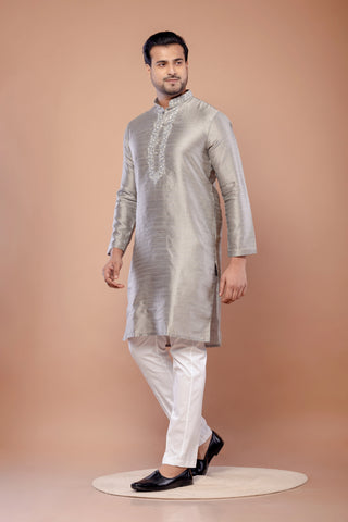 Gray Fancy Cotton Self Work Kurta