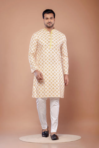 Printed Yellow Cotton Thread Work Kurta