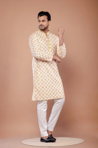 Printed Yellow Cotton Thread Work Kurta