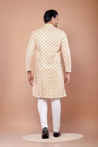 Printed Yellow Cotton Thread Work Kurta