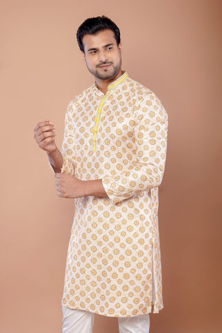 Printed Yellow Cotton Thread Work Kurta