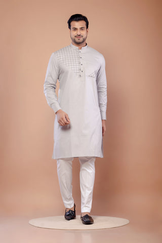 Men's Grey Poly Cotton Self Work Kurta