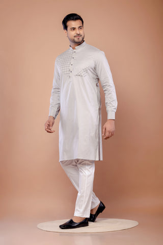 Men's Grey Poly Cotton Self Work Kurta