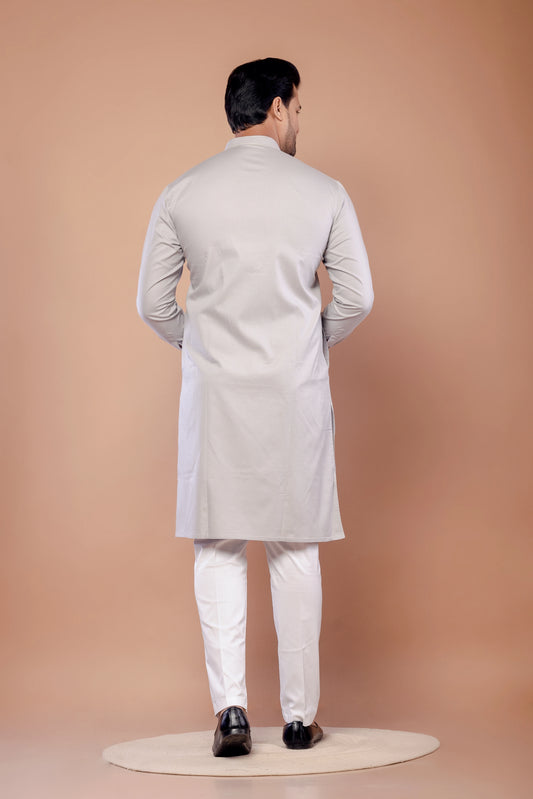 Men's Grey Poly Cotton Self Work Kurta