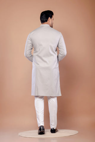 Men's Grey Poly Cotton Self Work Kurta