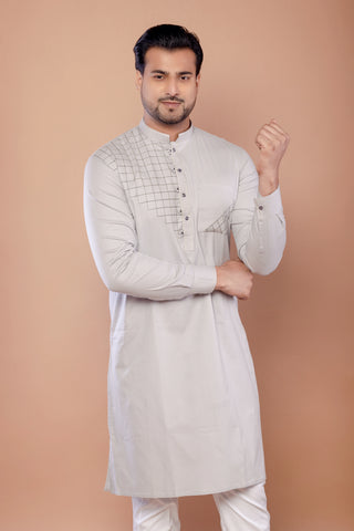 Men's Grey Poly Cotton Self Work Kurta