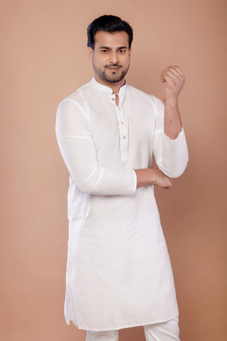 Men's White Cotton Plain Kurta