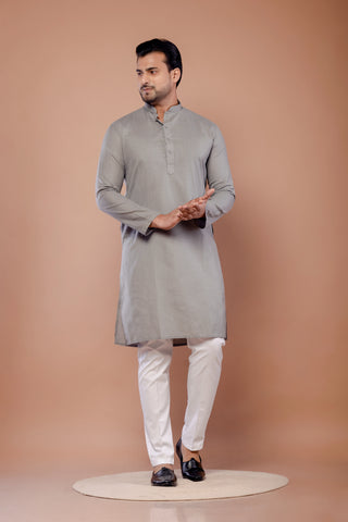 Men's Gray Cotton Plain Kurta